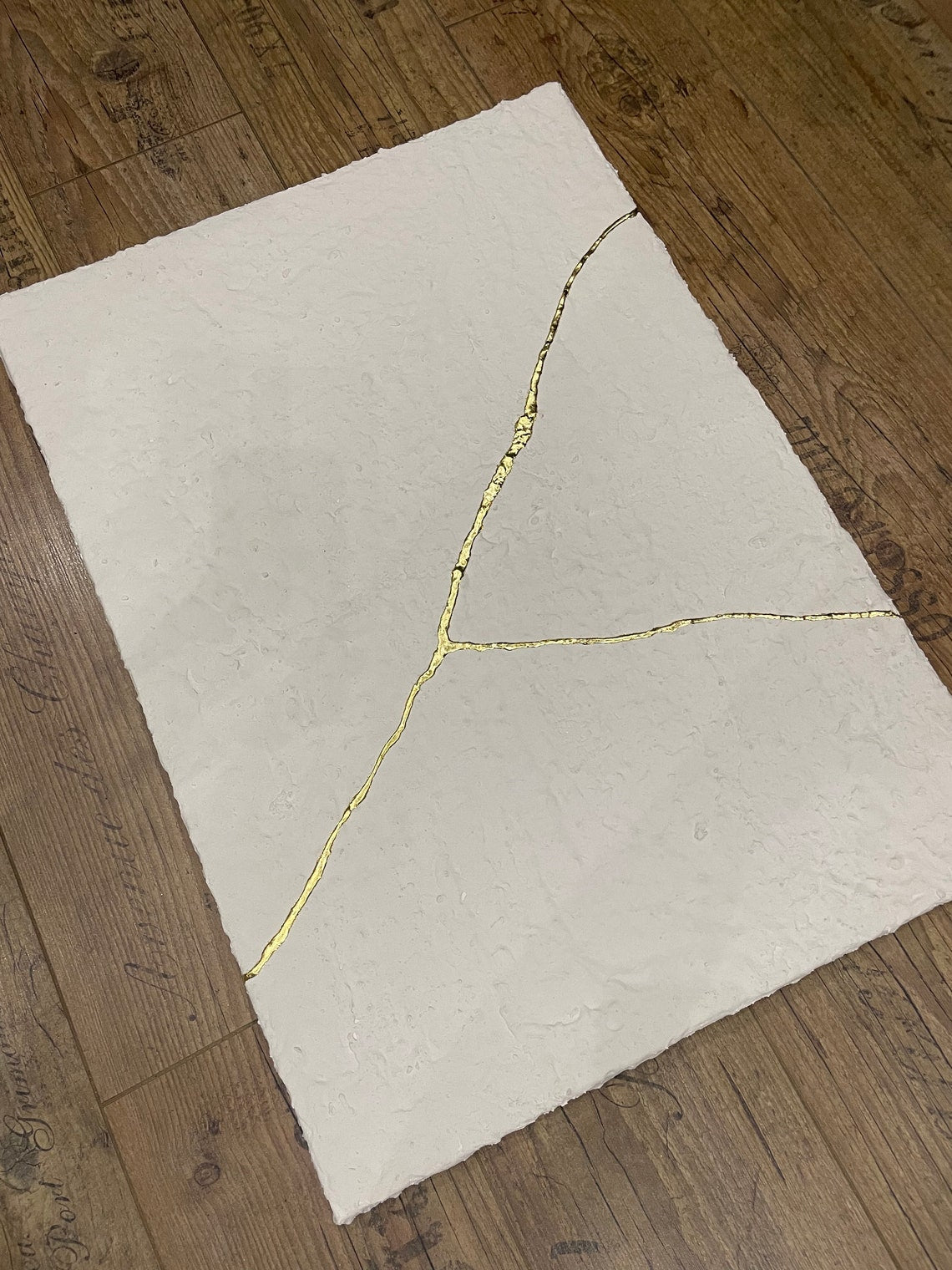 Abstract White Textured Oil Painting with Elegant Gold Line Accent