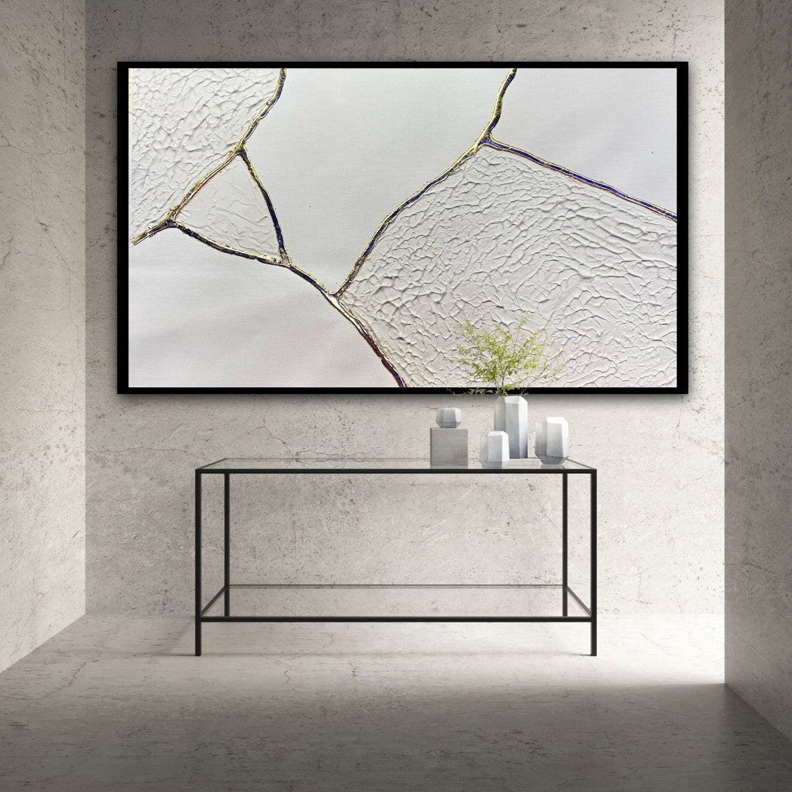 Abstract Oil Painting of Ethereal Fractures with Textured White and Gold Details