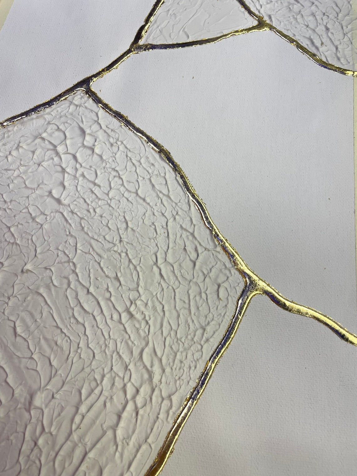 Abstract Oil Painting of Ethereal Fractures with Textured White and Gold Details