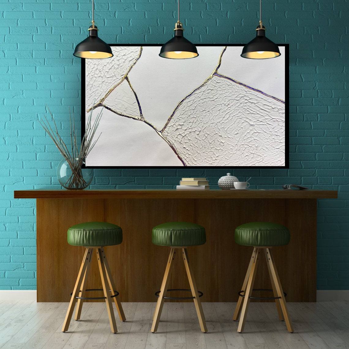 Abstract Oil Painting of Ethereal Fractures with Textured White and Gold Details