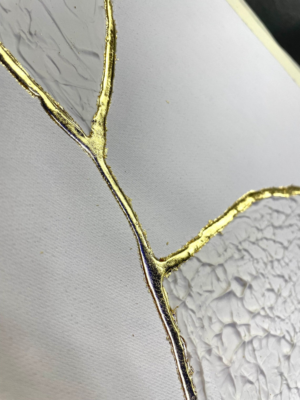 Abstract Oil Painting of Ethereal Fractures with Textured White and Gold Details