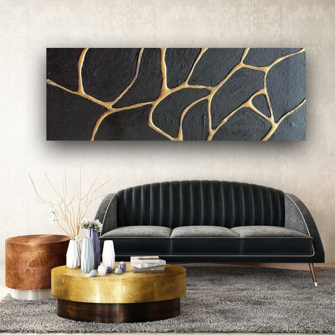 Gold and Black Abstract Oil Painting for Modern Home Decor