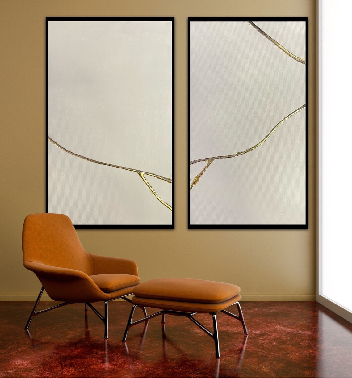 Elegant Gold Veins Abstract Diptych Oil Painting for Modern Home Decor