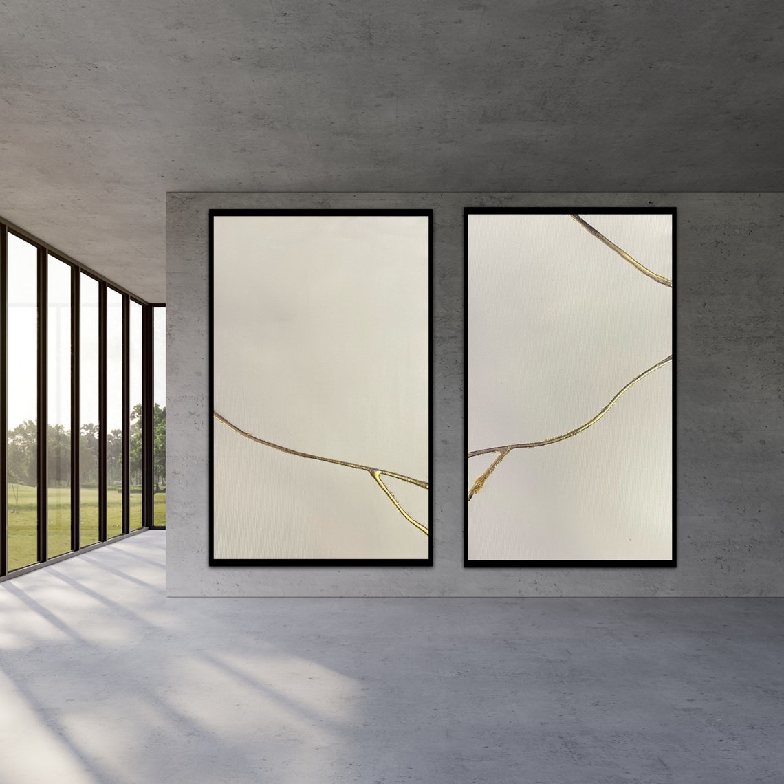 Elegant Gold Veins Abstract Diptych Oil Painting for Modern Home Decor