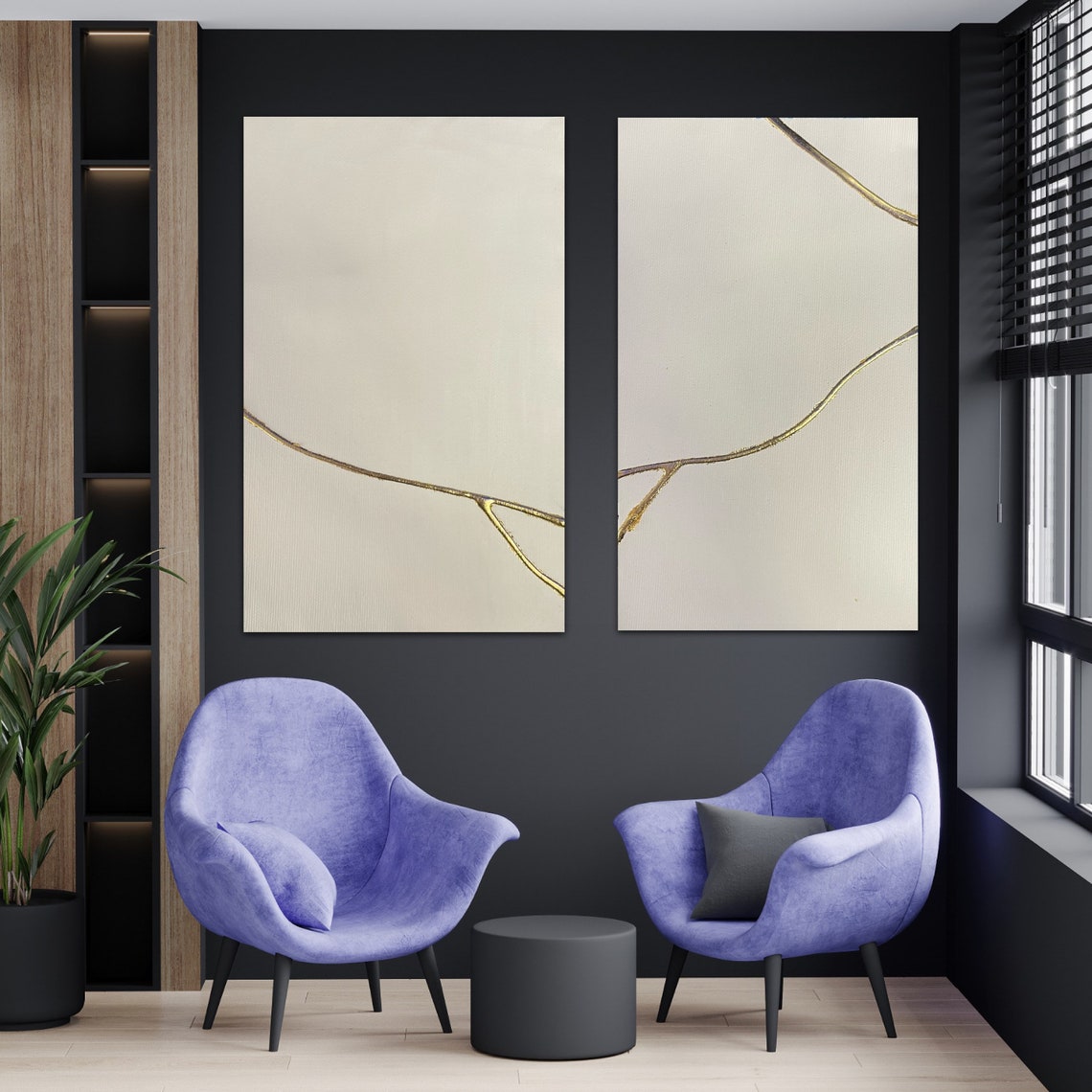 Elegant Gold Veins Abstract Diptych Oil Painting for Modern Home Decor