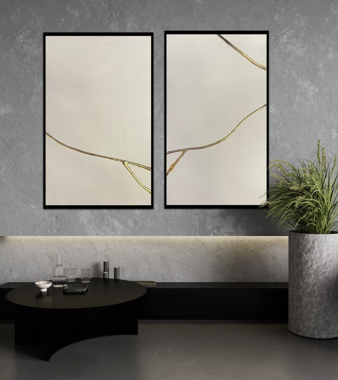 Elegant Gold Veins Abstract Diptych Oil Painting for Modern Home Decor