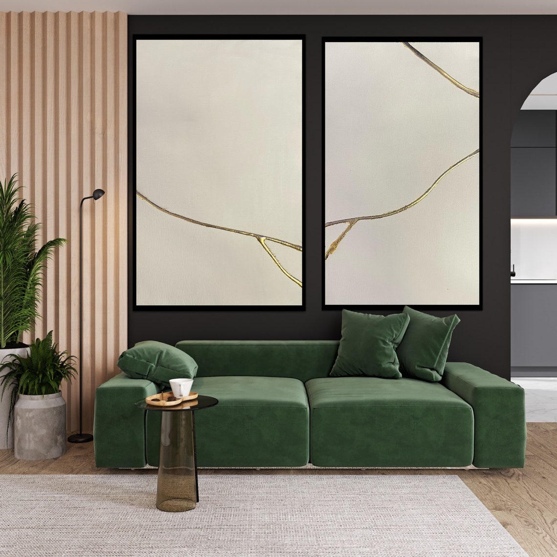 Elegant Gold Veins Abstract Diptych Oil Painting for Modern Home Decor