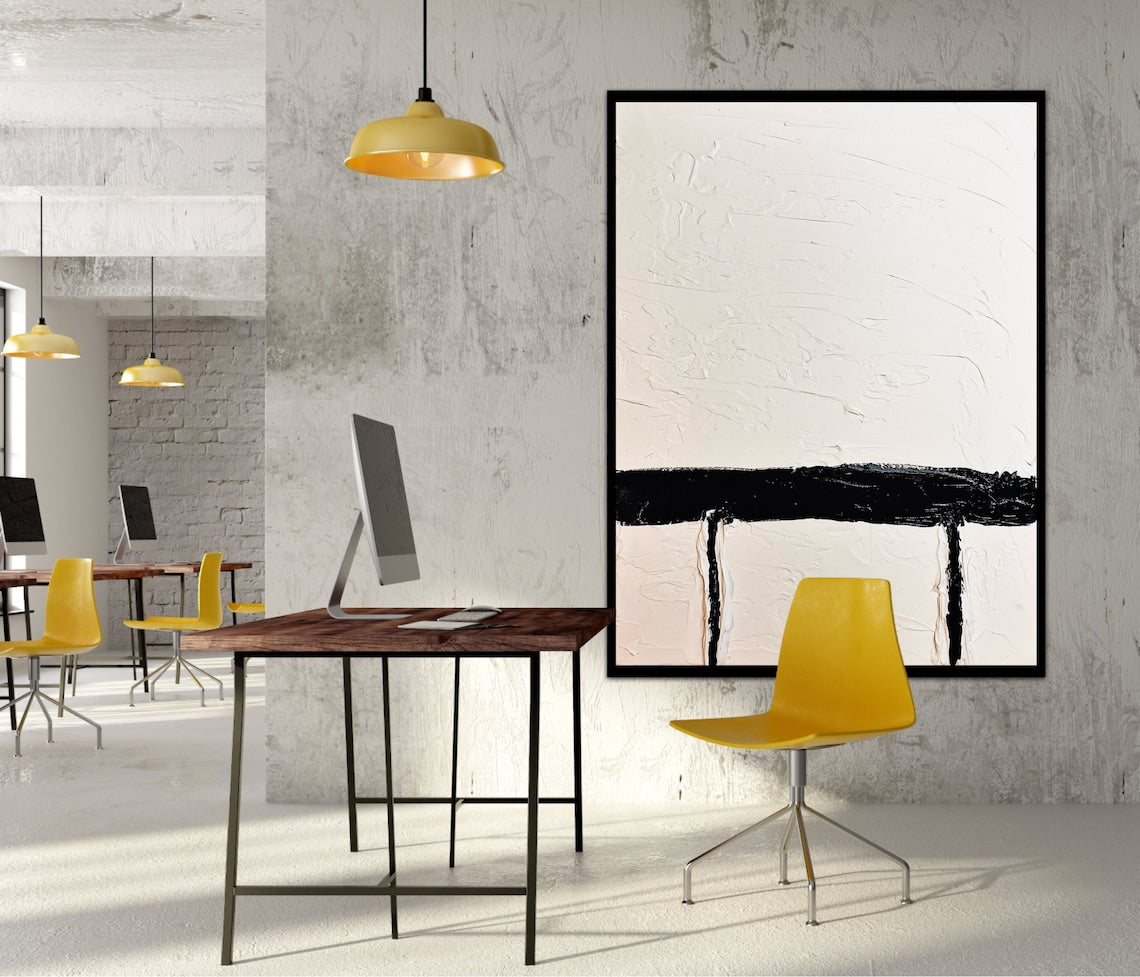 Minimalist Black and White Abstract Oil Painting for Contemporary Home Decor