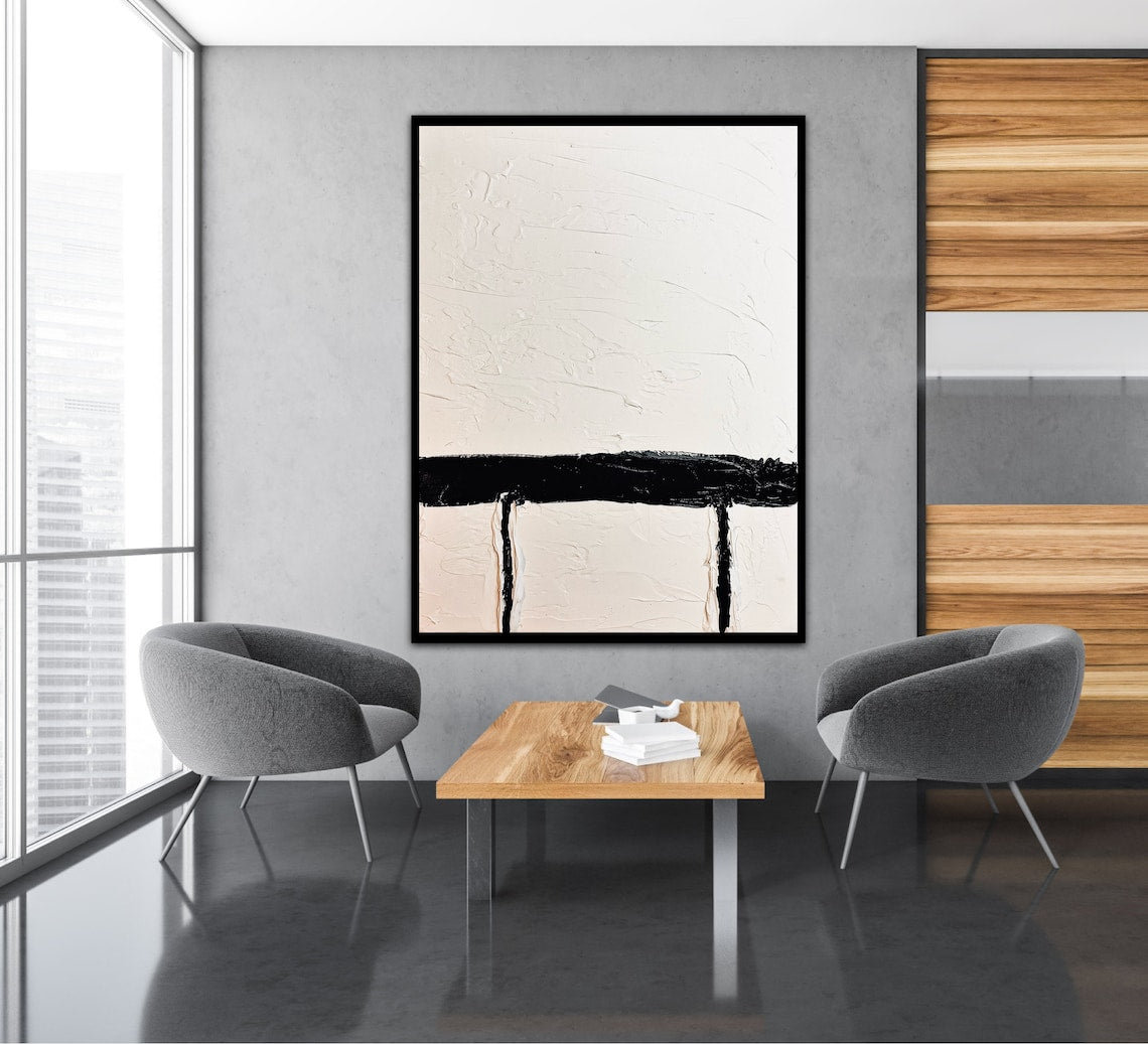 Minimalist Black and White Abstract Oil Painting for Contemporary Home Decor