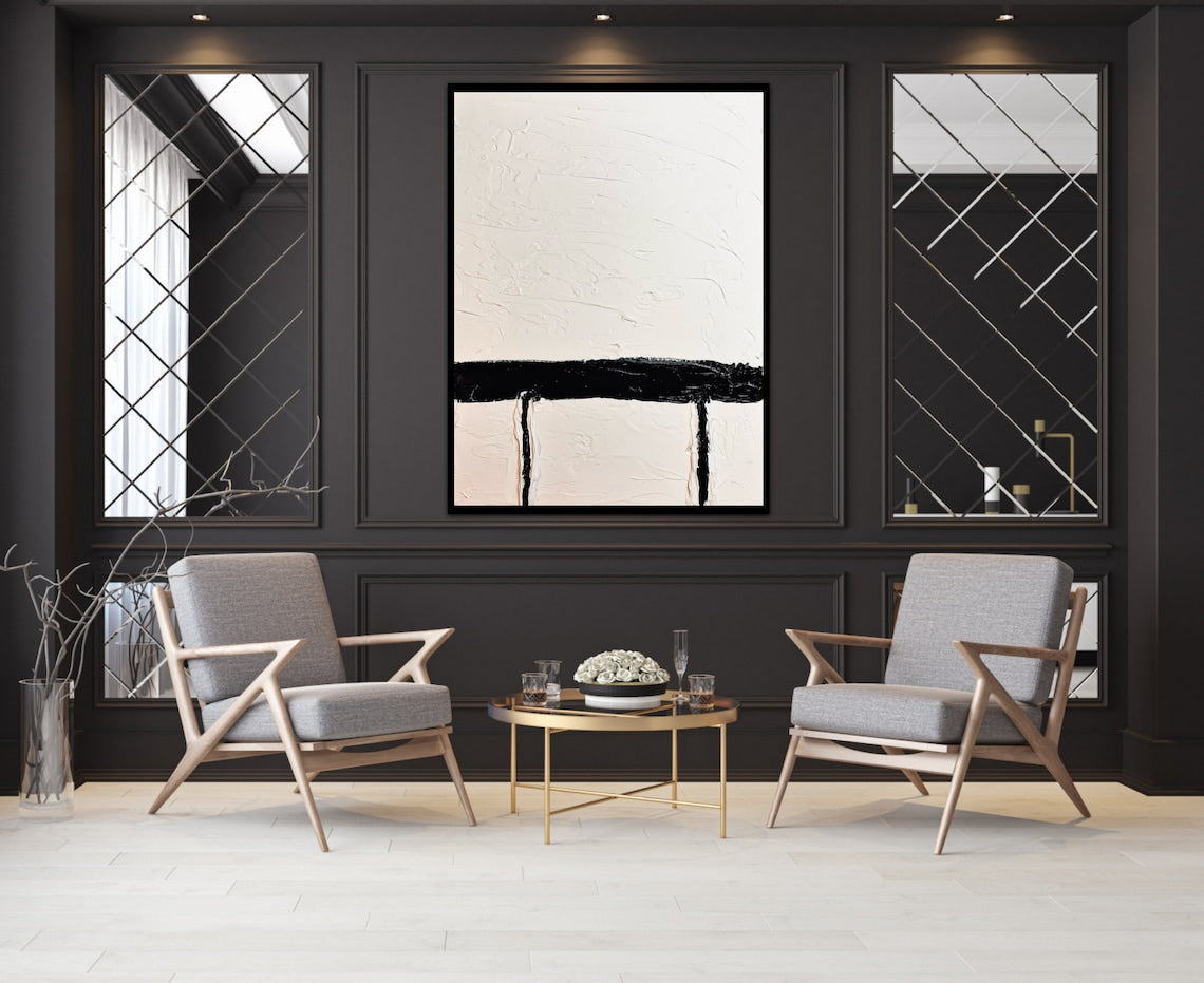 Minimalist Black and White Abstract Oil Painting for Contemporary Home Decor