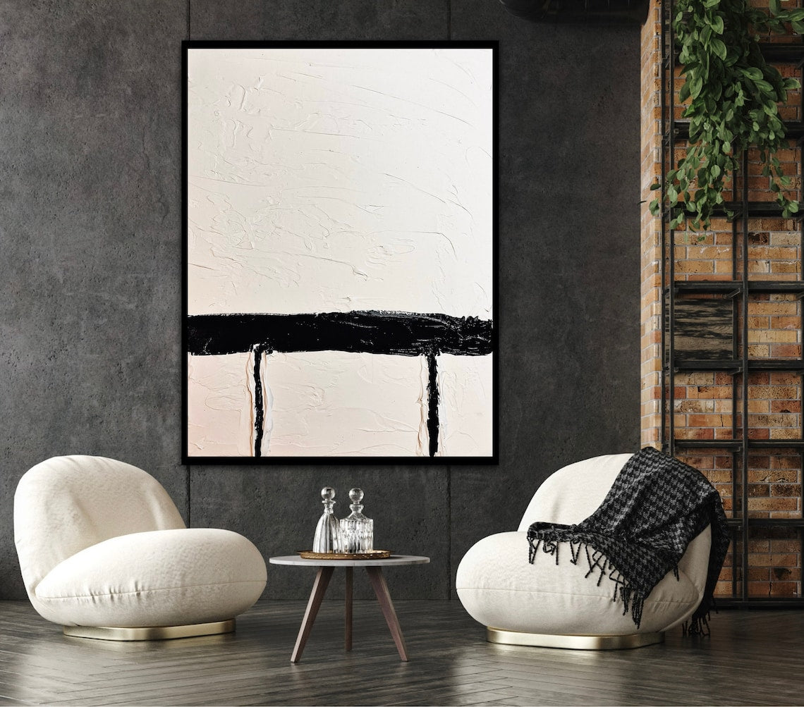 Minimalist Black and White Abstract Oil Painting for Contemporary Home Decor