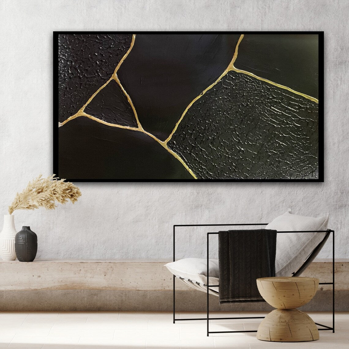 Elegant Black and Gold Abstract Oil Painting for Modern Home Decor