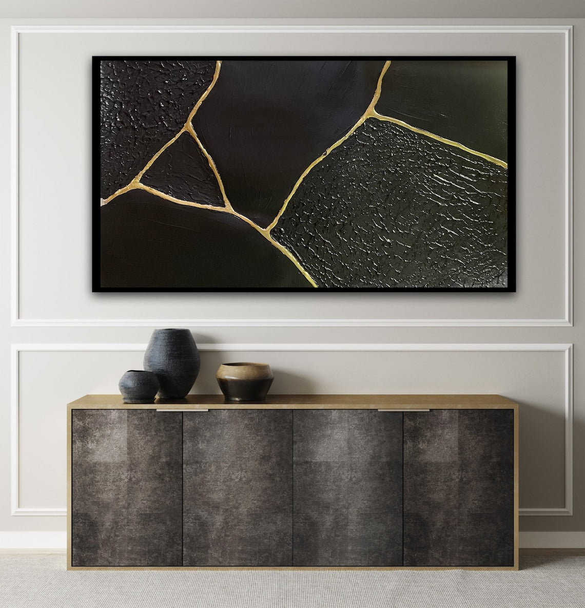 Elegant Black and Gold Abstract Oil Painting for Modern Home Decor