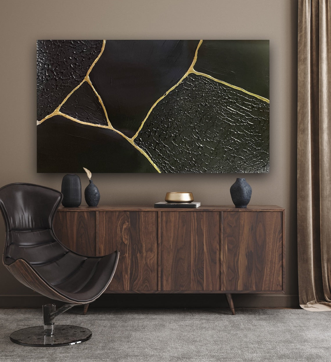Elegant Black and Gold Abstract Oil Painting for Modern Home Decor