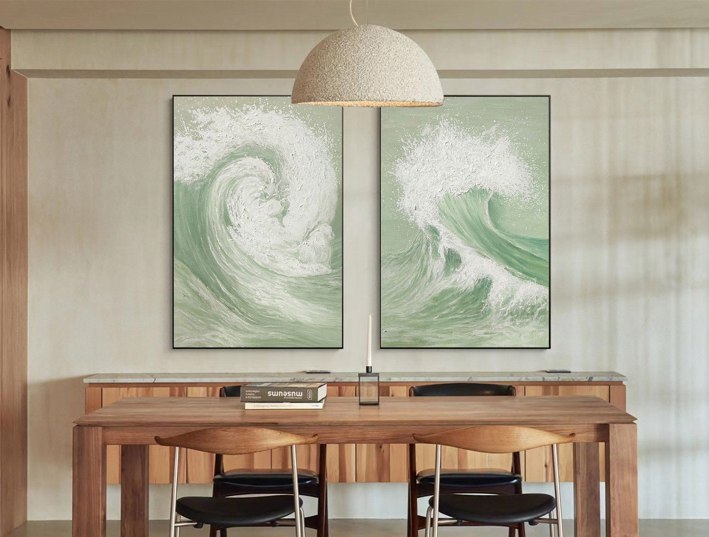 Elegant Green and White Abstract Wave Art for Modern Home Decor Set