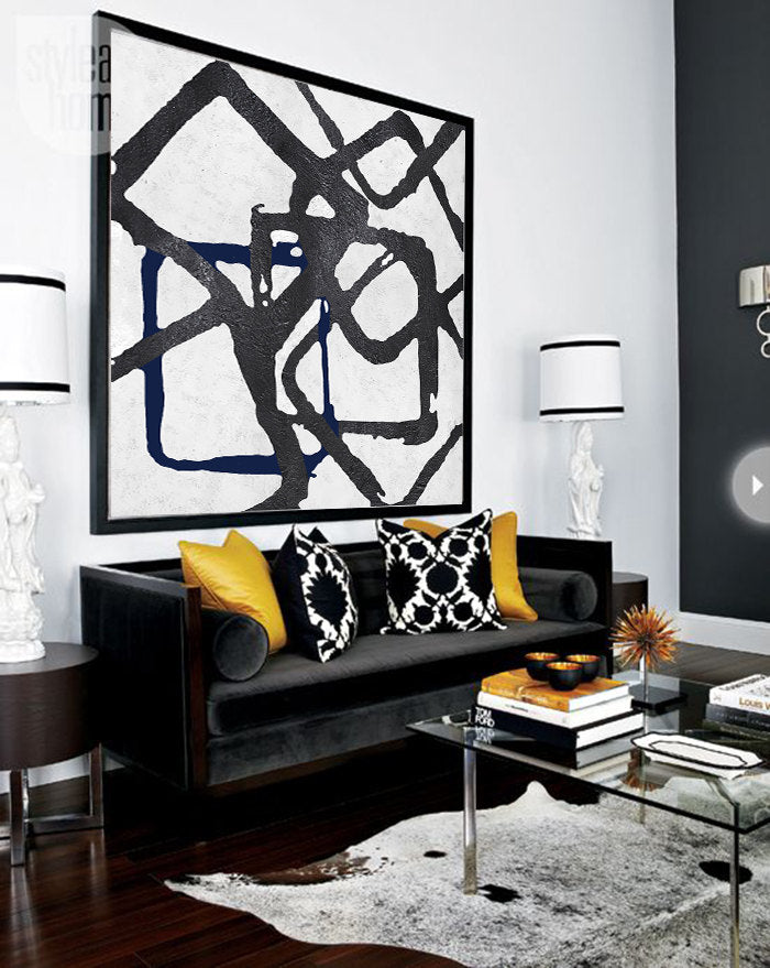 Dynamic Abstract Lines in Black and Navy Oil Painting for Modern Home Decor