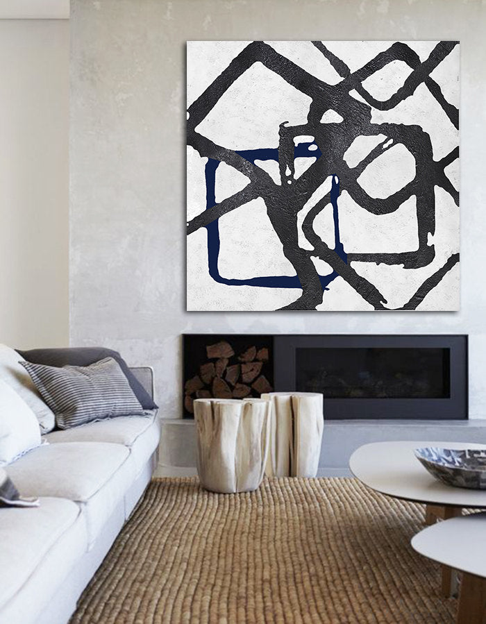 Dynamic Abstract Lines in Black and Navy Oil Painting for Modern Home Decor