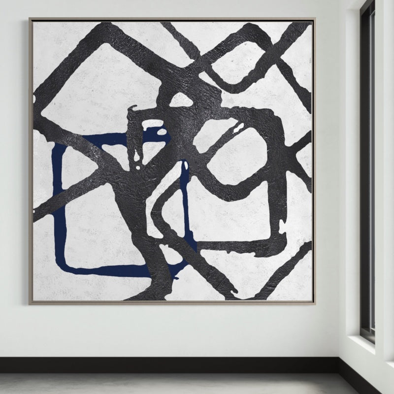 Dynamic Abstract Lines in Black and Navy Oil Painting for Modern Home Decor