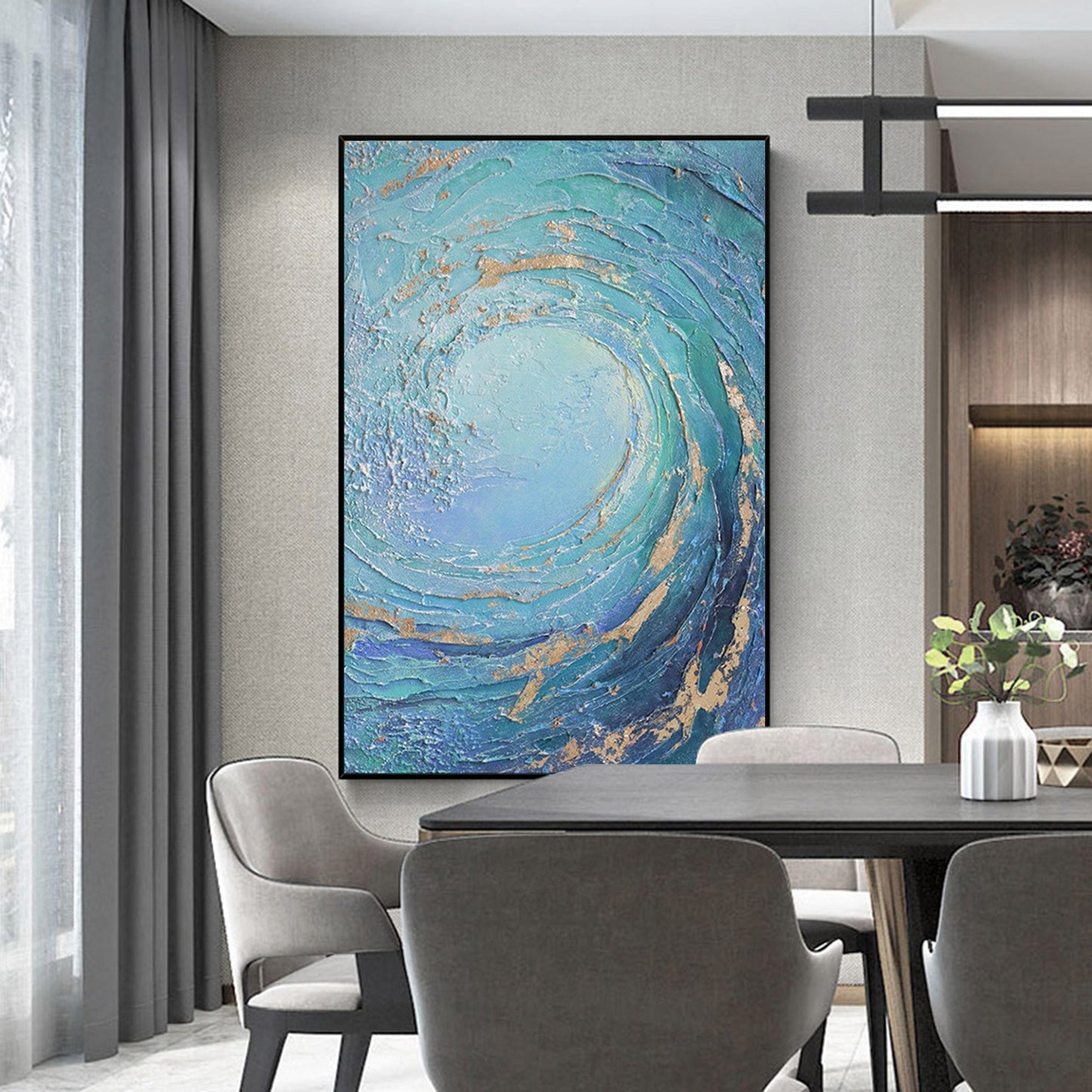Dynamic Ocean Wave Oil Painting with Turquoise and Gold Accents
