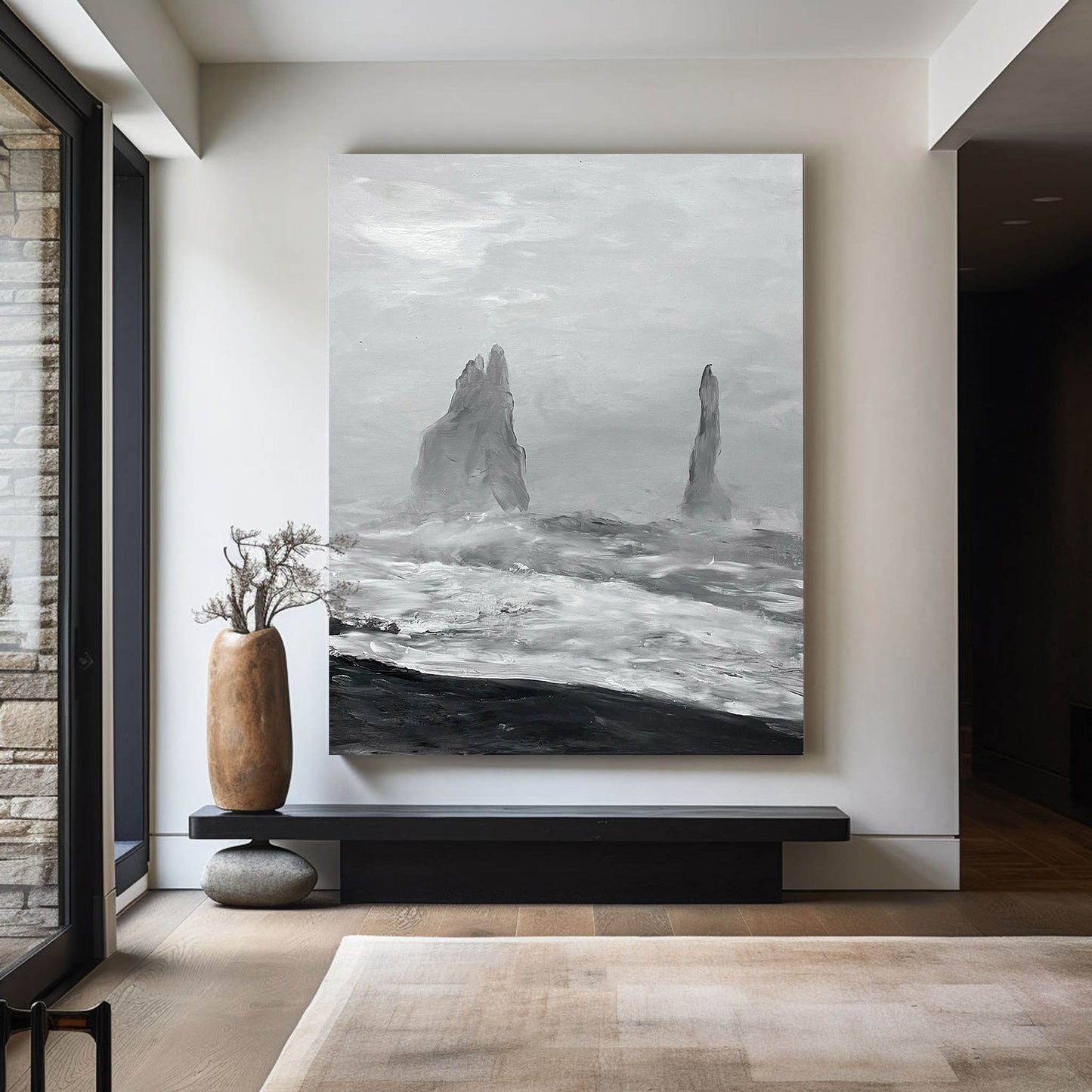 Monochromatic Coastal Landscape Oil Painting with Dramatic Waves and Rocks