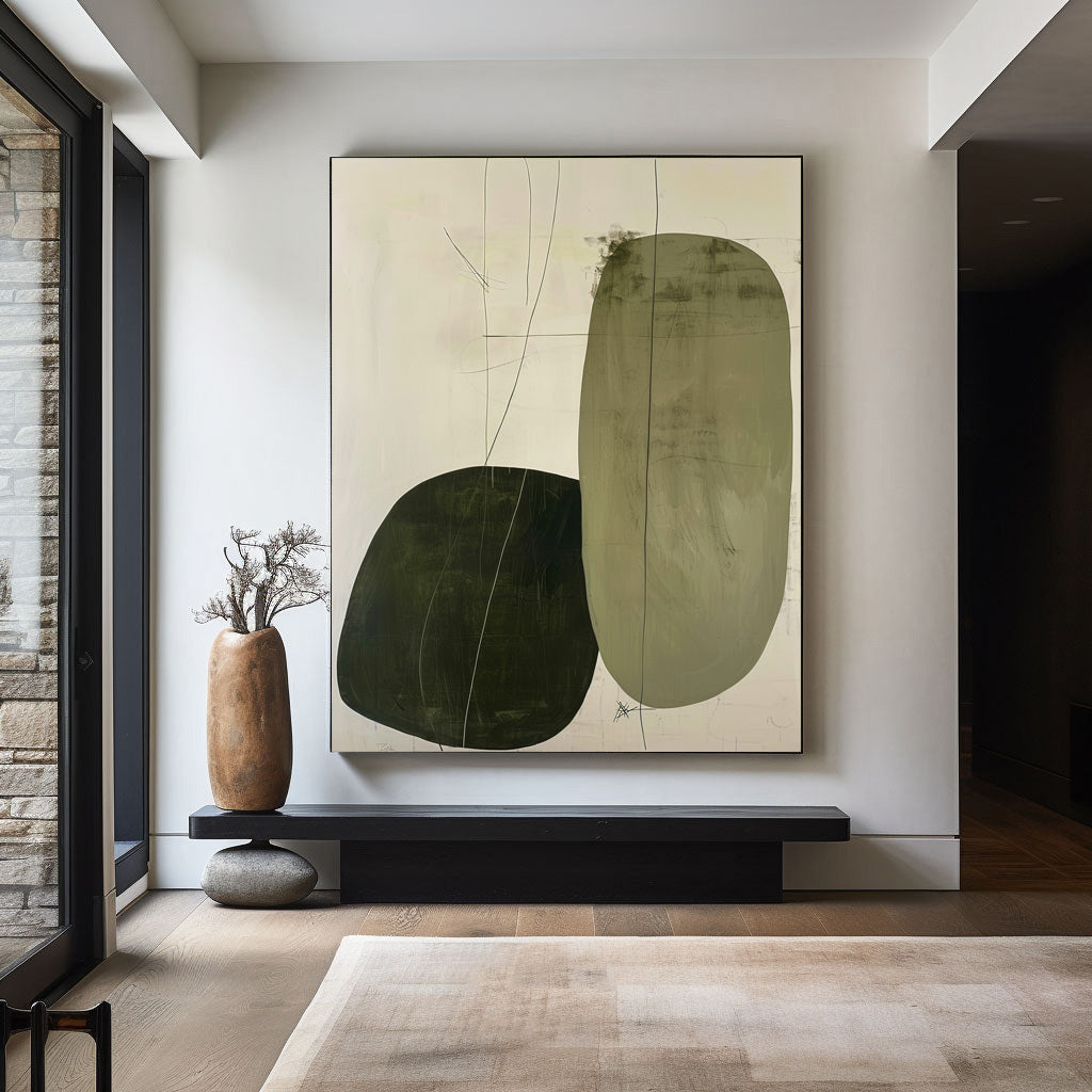 Contemporary Minimalist Oil Painting with Abstract Shapes and Earthy Tones