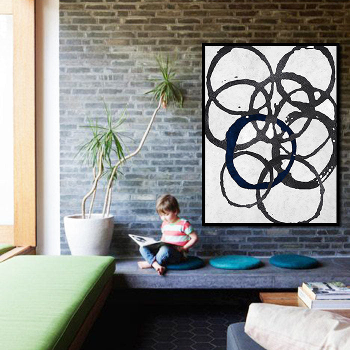Abstract Black and White Circles Oil Painting for Modern Home Decor
