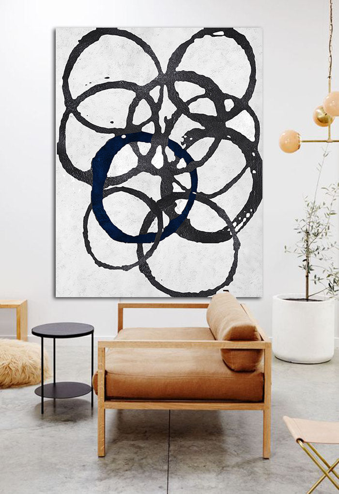 Abstract Black and White Circles Oil Painting for Modern Home Decor