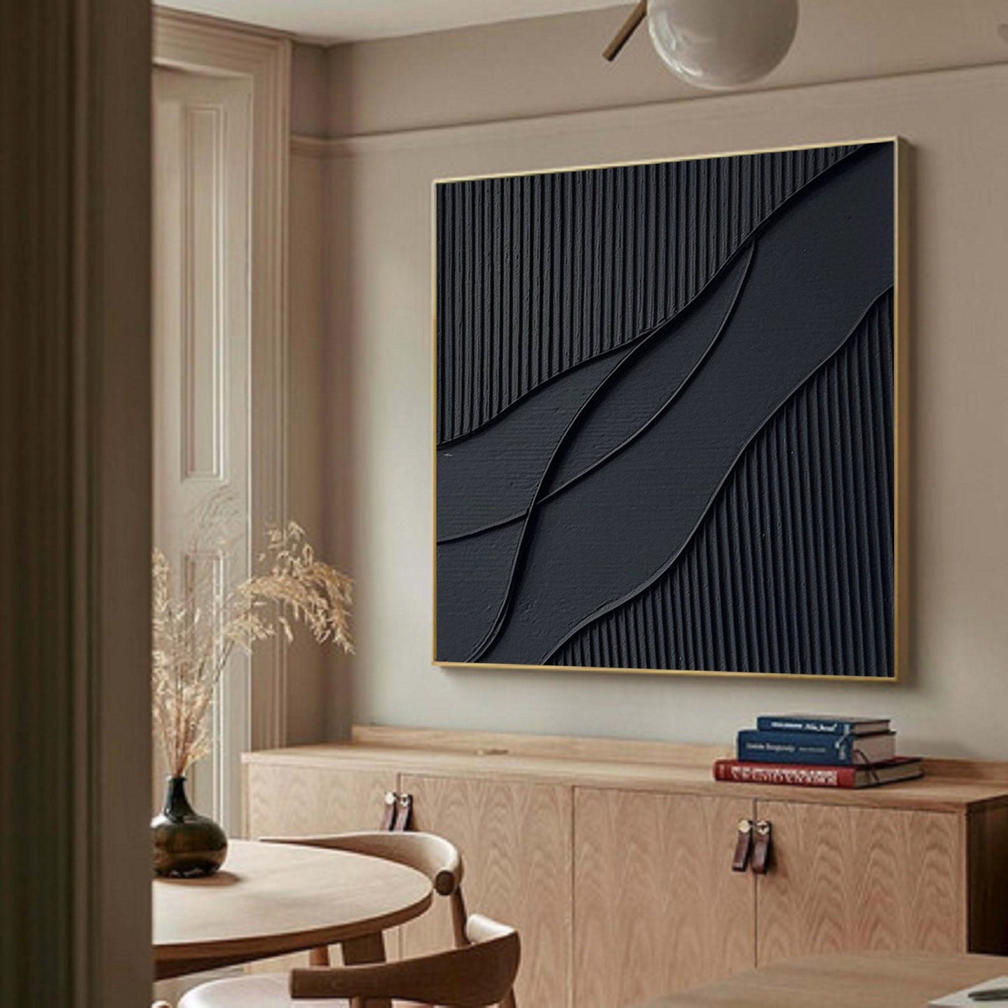 Elegant Black Waves Abstract Oil Painting for Modern Home Decor