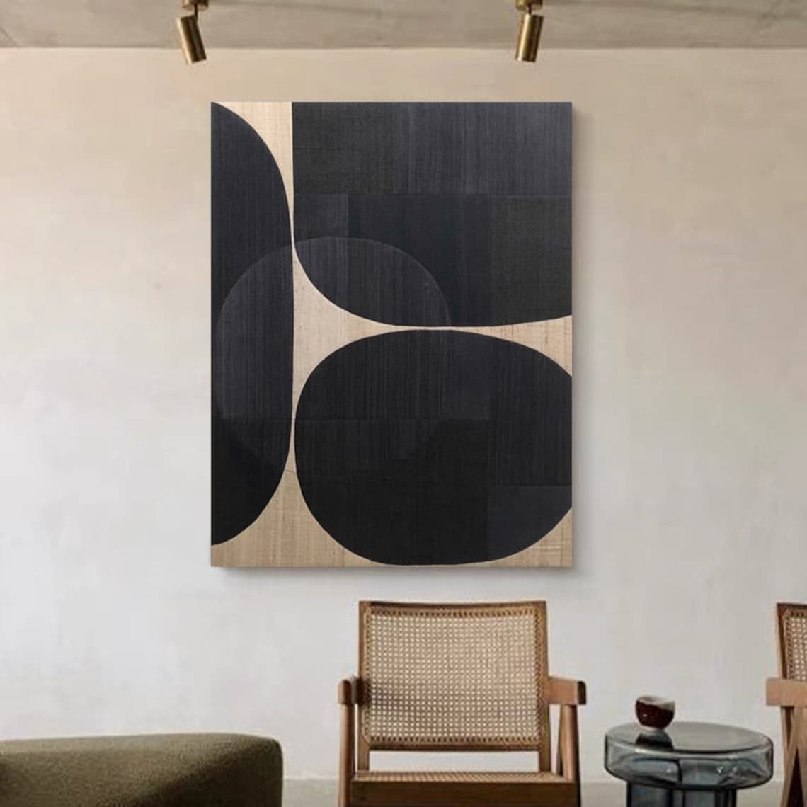 Modern Abstract Monochrome Oil Painting - Curved Shapes in Black and Beige