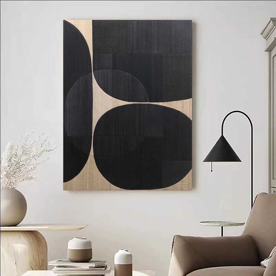 Modern Abstract Monochrome Oil Painting - Curved Shapes in Black and Beige