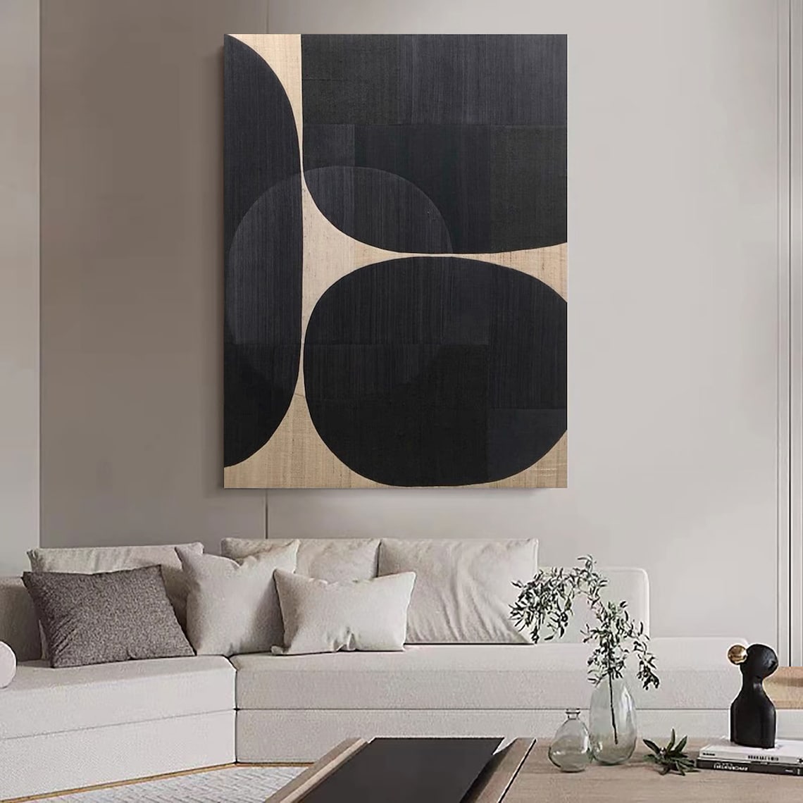 Modern Abstract Monochrome Oil Painting - Curved Shapes in Black and Beige