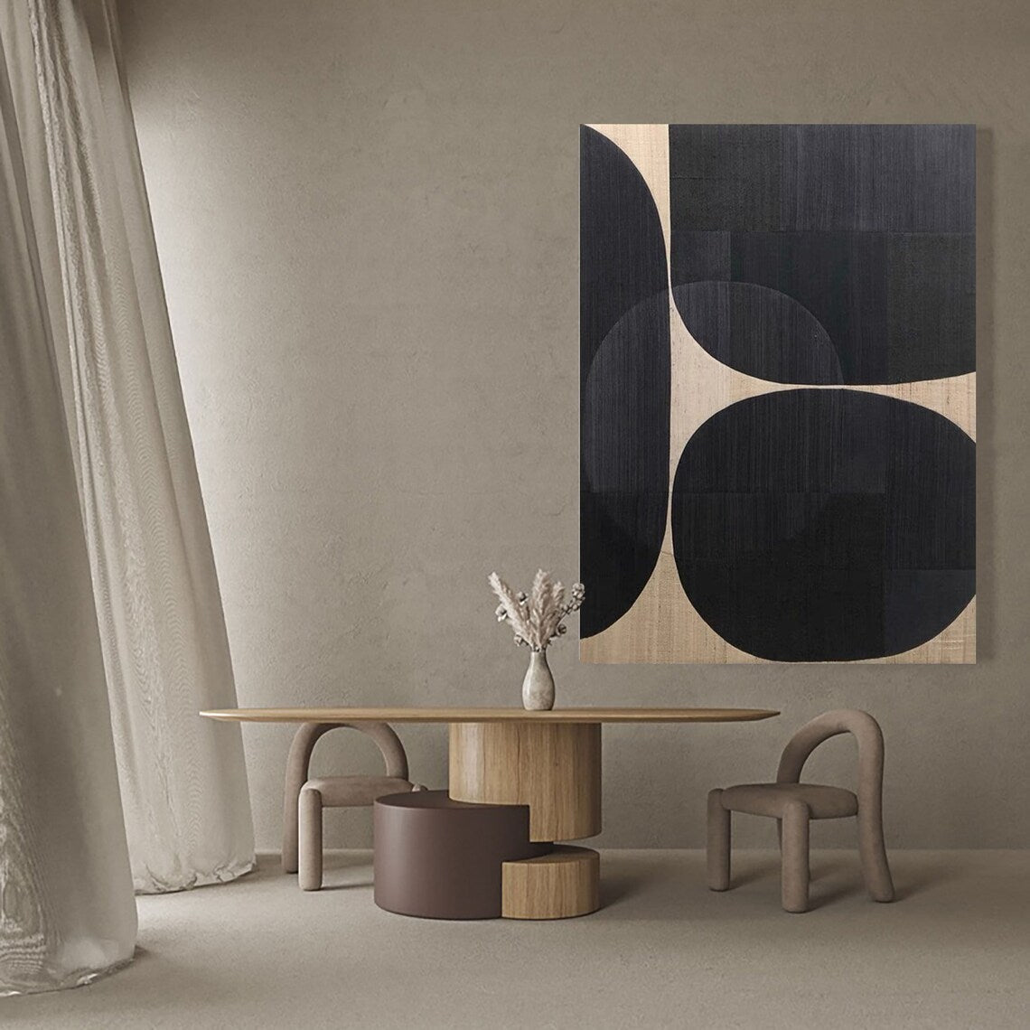 Modern Abstract Monochrome Oil Painting - Curved Shapes in Black and Beige