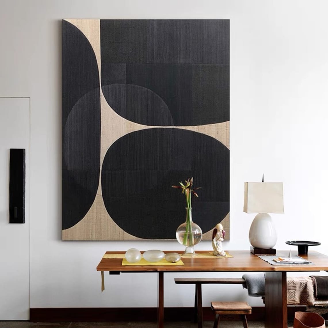 Modern Abstract Monochrome Oil Painting - Curved Shapes in Black and Beige