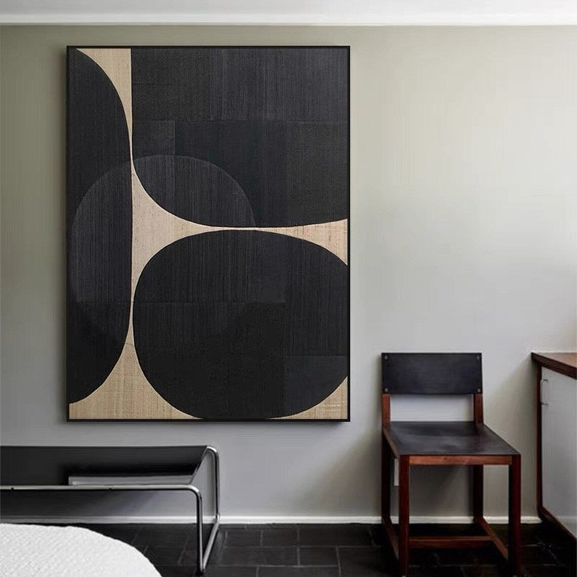 Modern Abstract Monochrome Oil Painting - Curved Shapes in Black and Beige