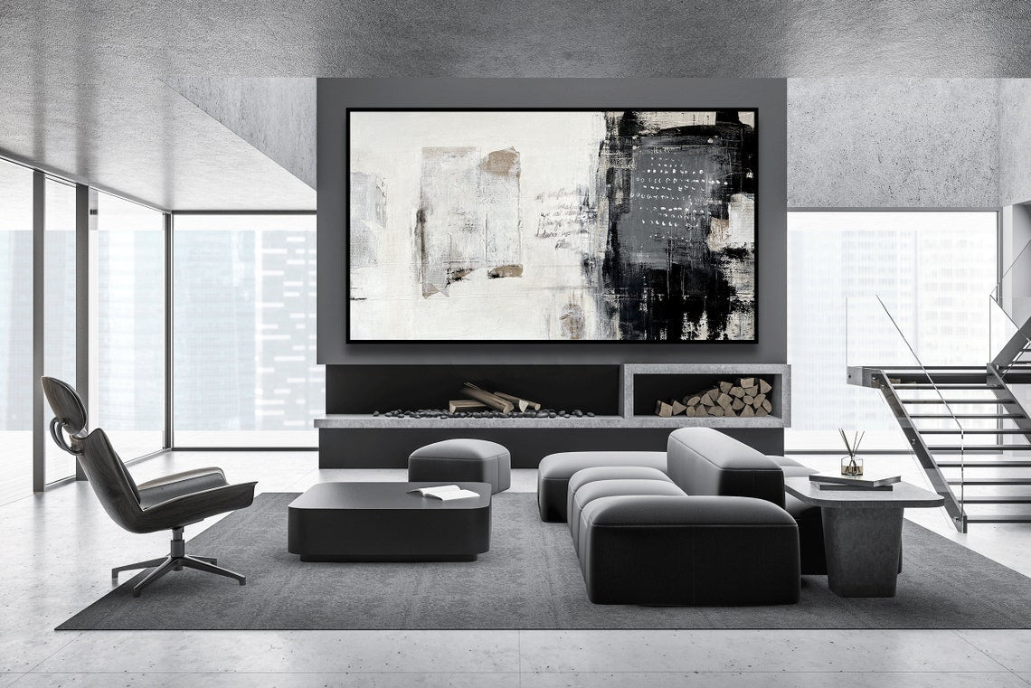Contemporary Urban Abstract Oil Painting in Black and White for Modern Decor
