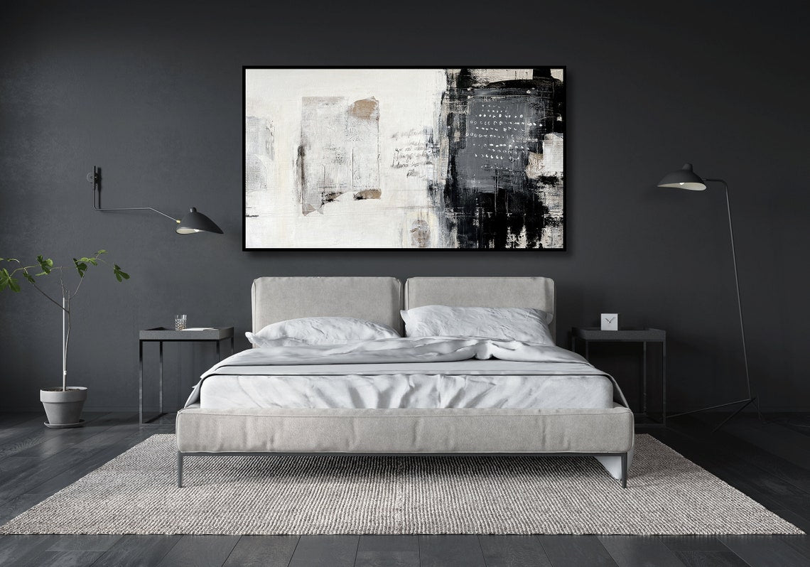 Contemporary Urban Abstract Oil Painting in Black and White for Modern Decor