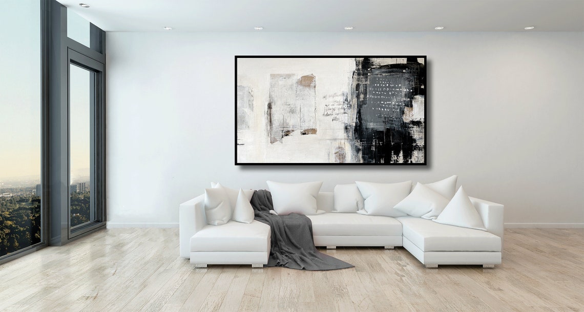 Contemporary Urban Abstract Oil Painting in Black and White for Modern Decor