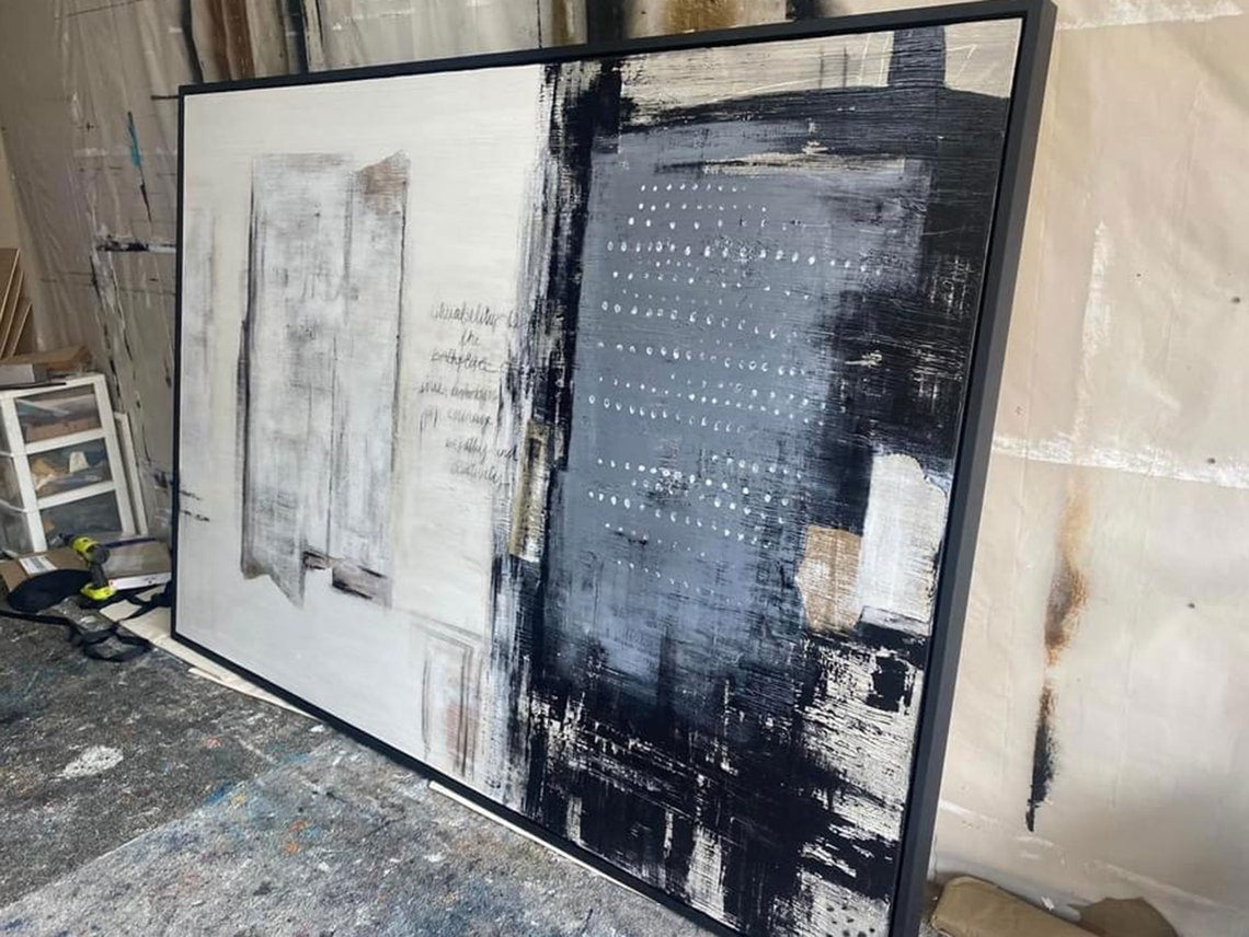 Contemporary Urban Abstract Oil Painting in Black and White for Modern Decor