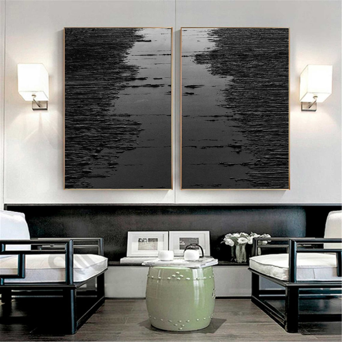Elegant Black and White Waves Diptych Art for Modern Home Decor