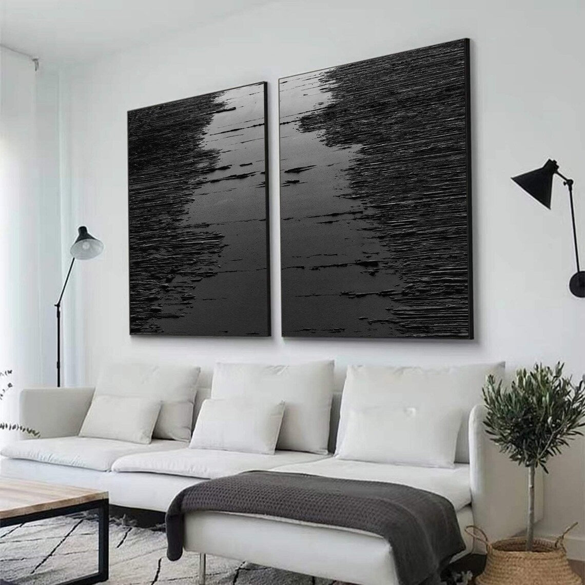 Elegant Black and White Waves Diptych Art for Modern Home Decor