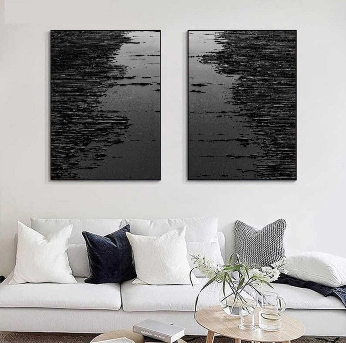 Elegant Black and White Waves Diptych Art for Modern Home Decor