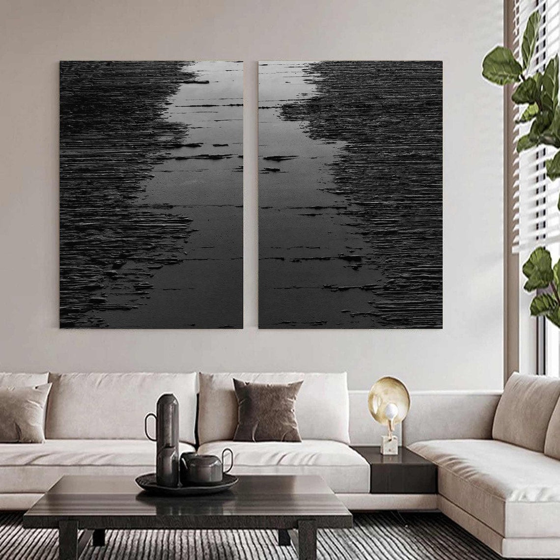 Elegant Black and White Waves Diptych Art for Modern Home Decor