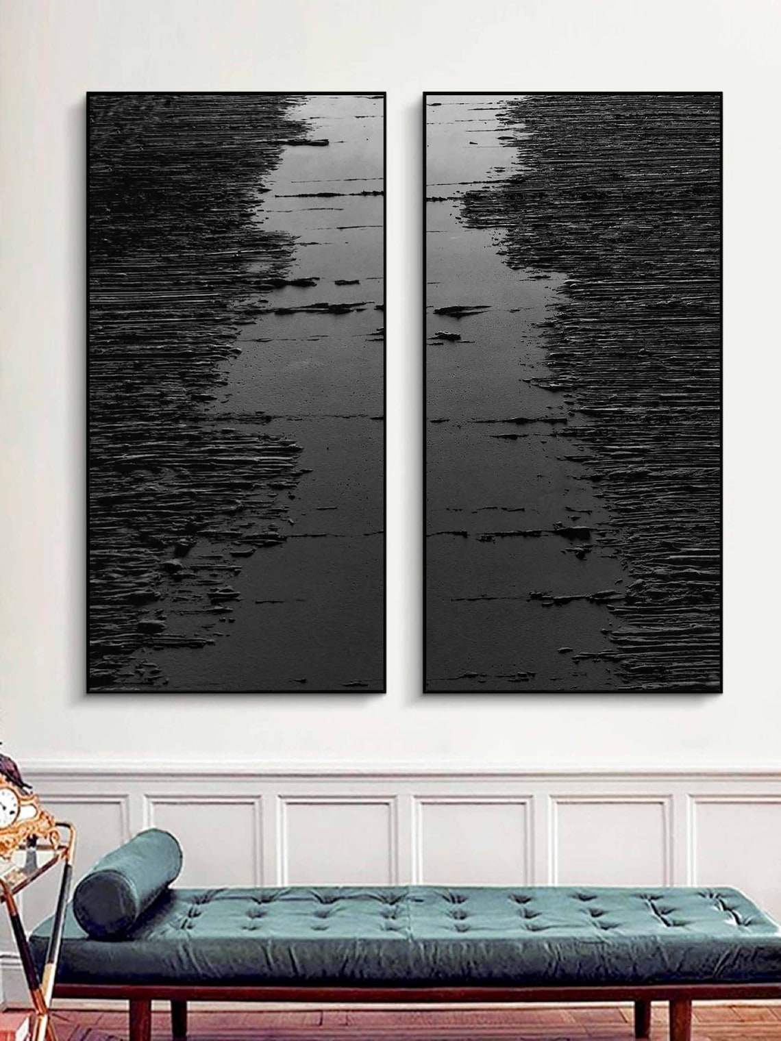 Elegant Black and White Waves Diptych Art for Modern Home Decor