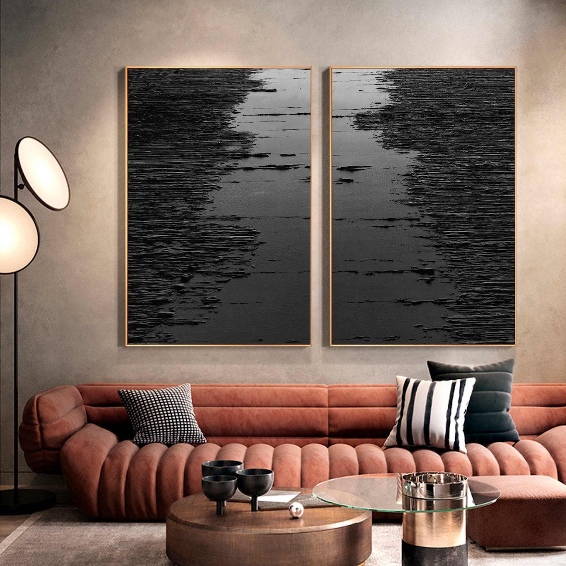 Elegant Black and White Waves Diptych Art for Modern Home Decor