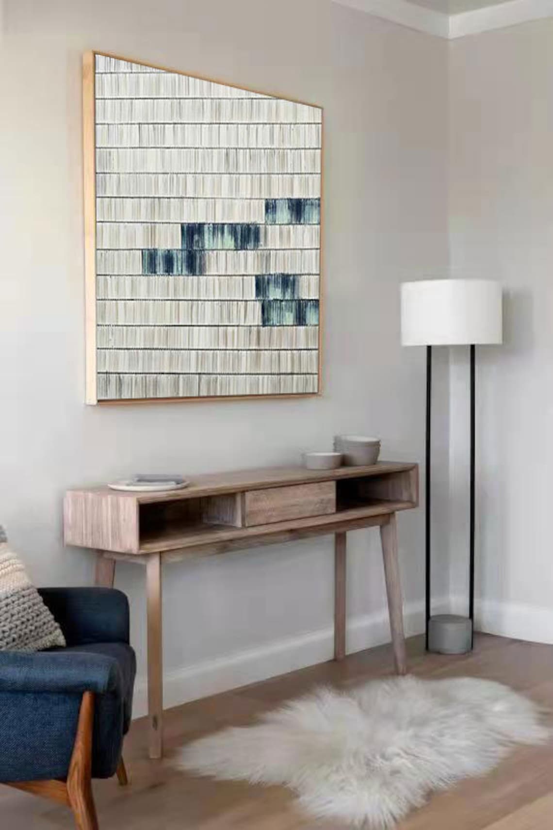 Modern Abstract Oil Painting with Blue and White Stripes for Home Decor