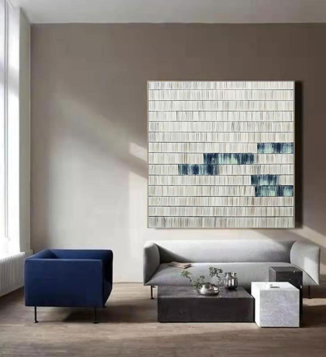 Modern Abstract Oil Painting with Blue and White Stripes for Home Decor