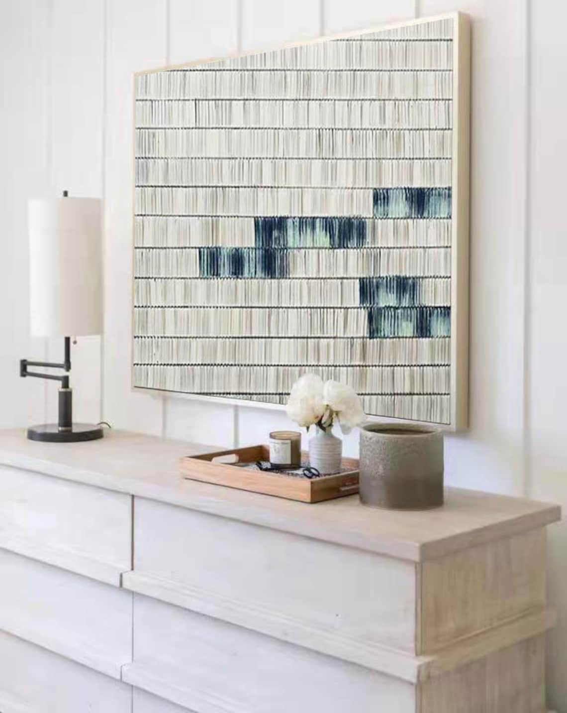 Modern Abstract Oil Painting with Blue and White Stripes for Home Decor