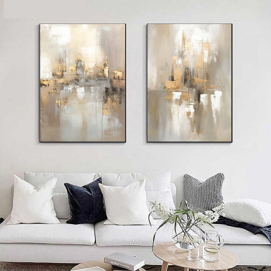 Elegant Gold and Cream Abstract Oil Painting Set for Modern Decor