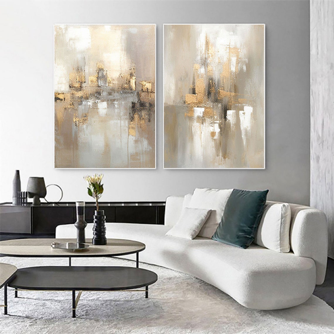 Elegant Gold and Cream Abstract Oil Painting Set for Modern Decor