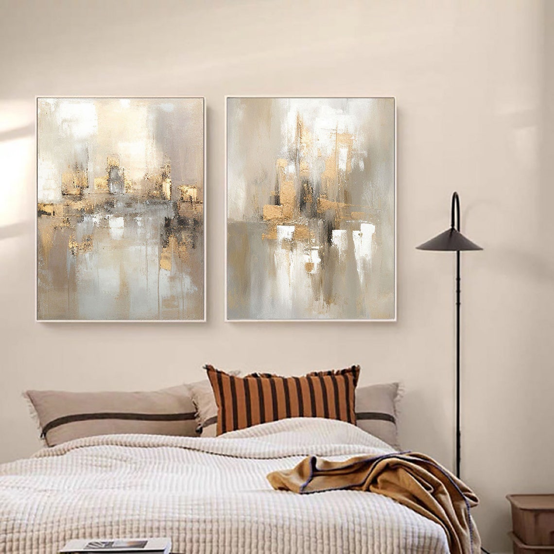Elegant Gold and Cream Abstract Oil Painting Set for Modern Decor
